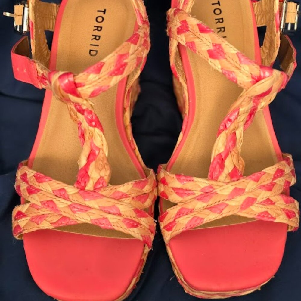 Torrid Pink & Beige Braided Wedge Sandals Size 9WW – Boho Chic Summer Shoes